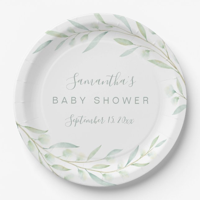 Assiettes En Carton Baby shower Verdure Élégante aquarelle Foliage (Devant)