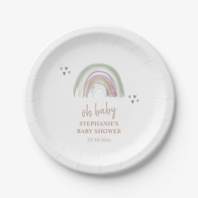 Assiettes En Carton Baby shower vert Boho Muted Rainbow Sage (Devant)