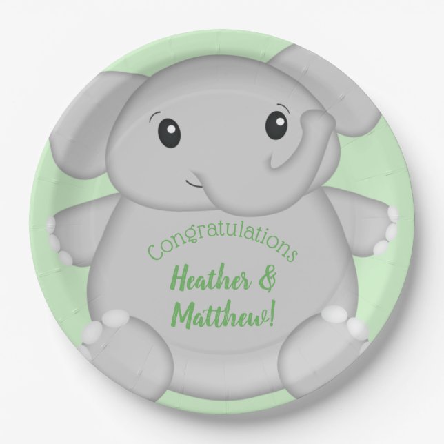 Assiettes En Carton Baby shower vert éléphant (Devant)