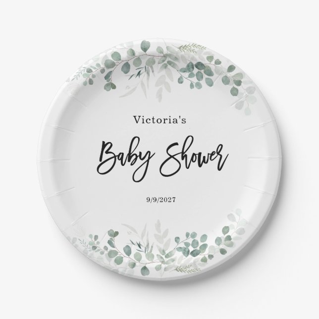 Assiettes En Carton Baby shower vert Eucalyptus (Devant)