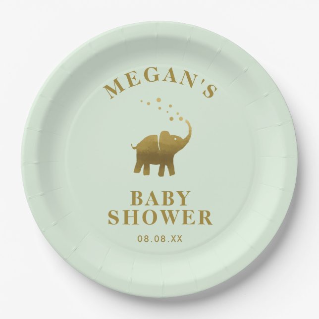 Assiettes En Carton Baby shower vert Golden Elephant Mint (Devant)
