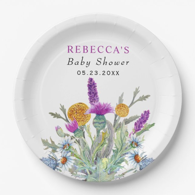 Assiettes En Carton Baby shower vert printemps fleur sauvage d'aquarel (Devant)