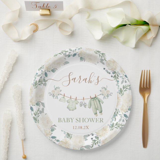 Assiettes En Carton Baby shower Vêtements de bébé vert Sage (Mariage)