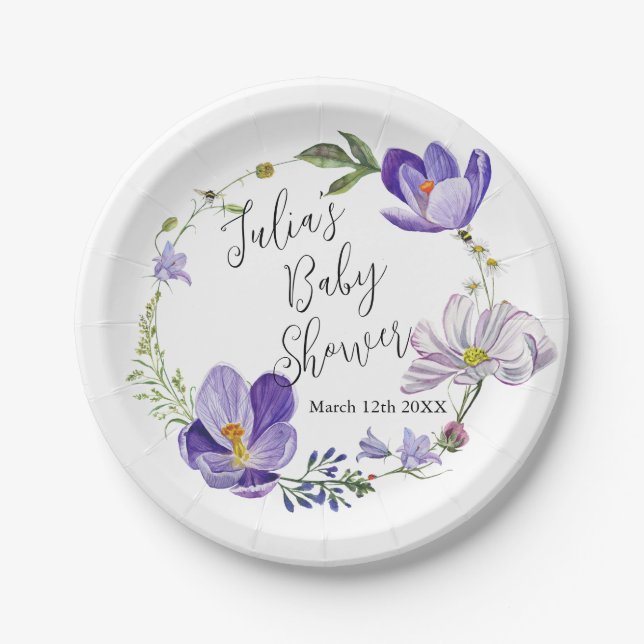 Assiettes En Carton Baby shower violet fleur sauvage (Devant)