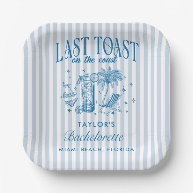 Assiettes En Carton Bachelorette Côtière Moderne Cocktail Party Blue (Recto)
