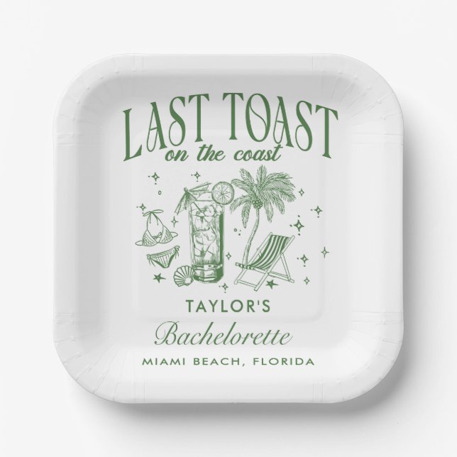 Assiettes En Carton Bachelorette Côtière Moderne Cocktail Party Vert (Recto)