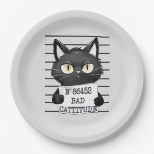 Assiettes En Carton Bad Cattitude - Mugshot de chat noir