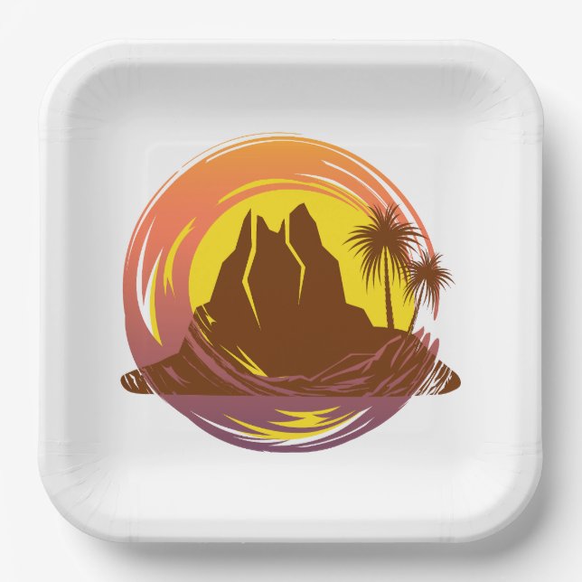 Assiettes En Carton Badge avec paysage volcanique tropical et palmiers (Recto)