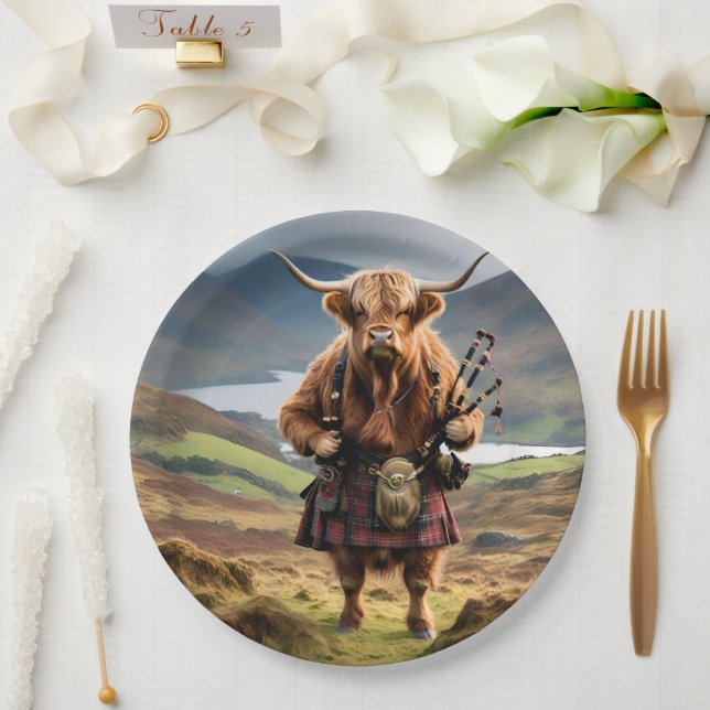 Assiettes En Carton Bagpiper de vache écossaise Highland (Mariage)