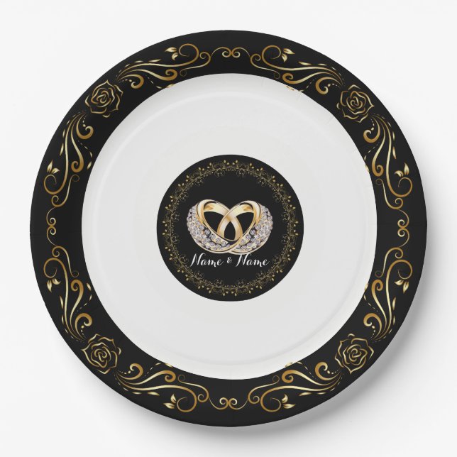 Assiettes En Carton Bague mariage Nom personnalisé Plaques papier 9" (Devant)