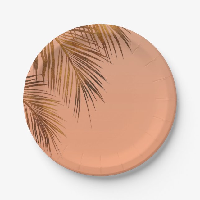 Assiettes En Carton Bahama Breeze Bronze Palm Coral Peach Mariage (Devant)