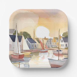 Assiettes En Carton Baie des bateaux Peinture aquarelle de l'océan c