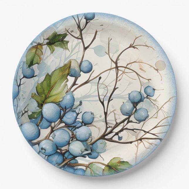 Assiettes En Carton Baies d'hiver bleues (Devant)