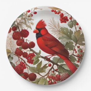 Assiettes En Carton Baies rouges d'oiseaux du Cardinal Nord