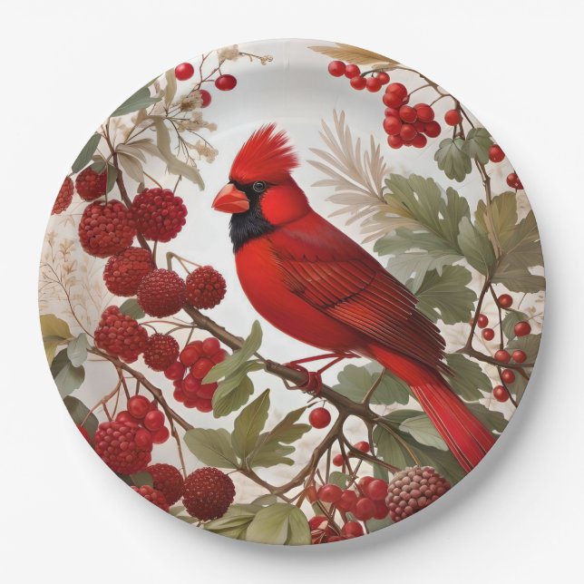 Assiettes En Carton Baies rouges d'oiseaux du Cardinal Nord (Devant)