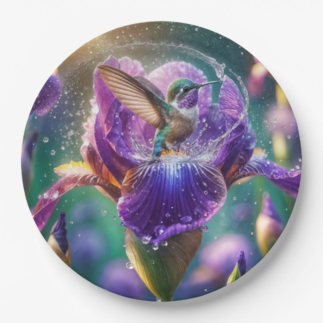Assiettes En Carton Baignade des colibris dans un Iris (Devant)