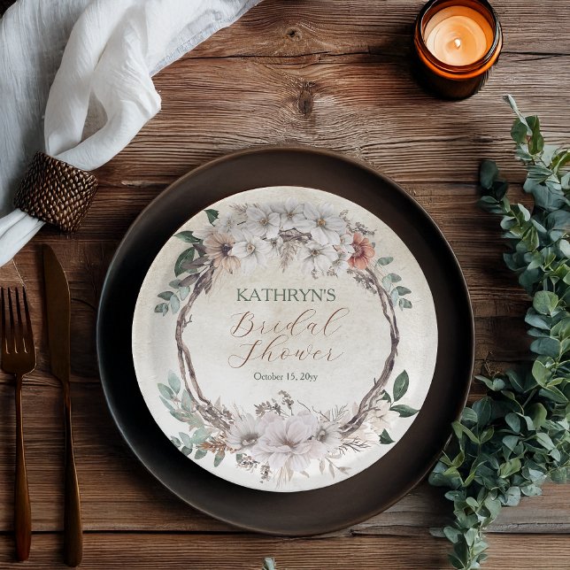 Assiettes En Carton Baigne de mariée floral automnal bohème assourdi (Boho Muted Fall Floral and Grapevine Wreath "Fall in Love"  Collection Bridal Shower Paper Plates)