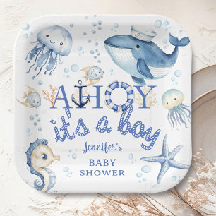 Assiettes En Carton Baignée de bébé nautique Ahoy c'est un garçon Bleu