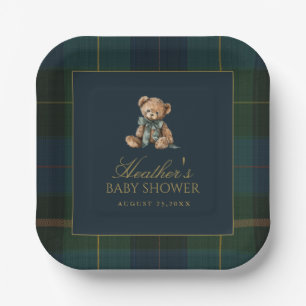 Assiettes En Carton Bain de bébé à carreaux classique vert foncé et bl