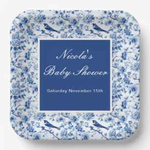 Assiettes En Carton Bain de bébé chinoiserie oiseaux bleus et fleurs