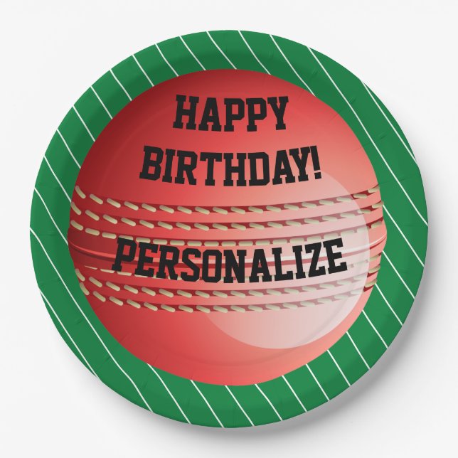 Assiettes En Carton Bal de cricket personnalisé heureux anniversaire (Devant)