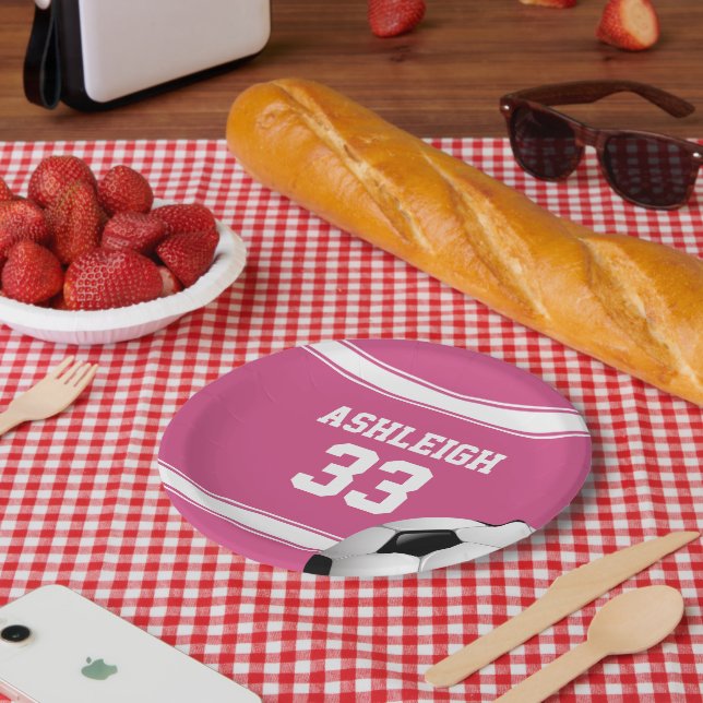 Assiettes En Carton Balle de soccer Jersey rose et blanc (Pique-nique)