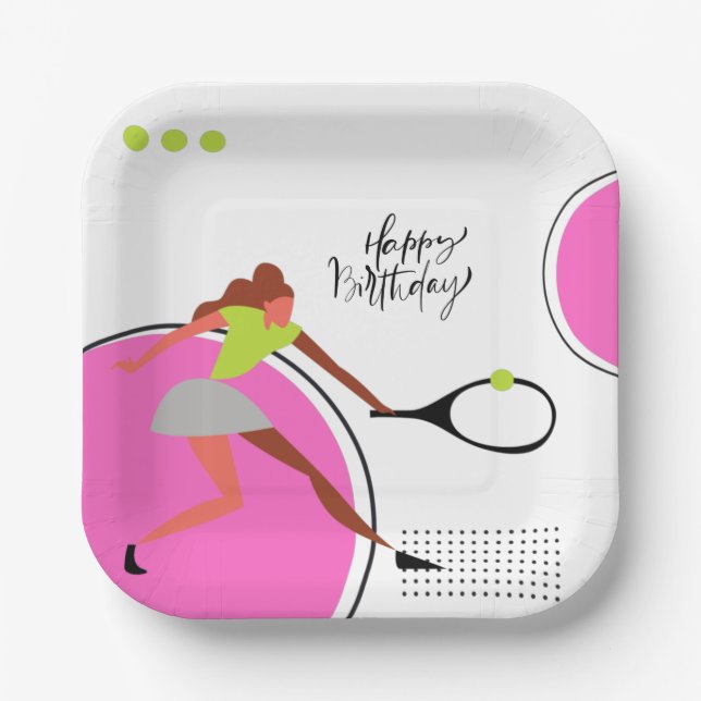 Assiettes En Carton balle de tennis avec Joueuse d'anniversaire (Recto)