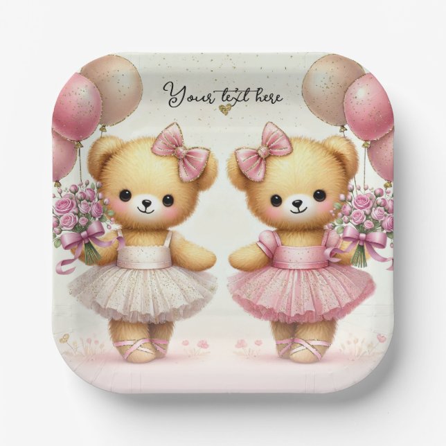 Assiettes En Carton Ballerina Twinkle Toile Twin Bears Anniversaire (Recto)