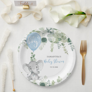 Assiettes En Carton Ballon bleu éléphant garçon baby shower verdure