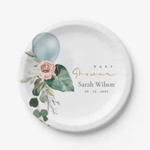 ASSIETTES EN CARTON BALLON BLEUE AQUA BABY SHOWER DE BUNCH FLORAL