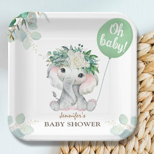 Assiettes En Carton Ballon vert éléphant Baby shower neutre pour les f