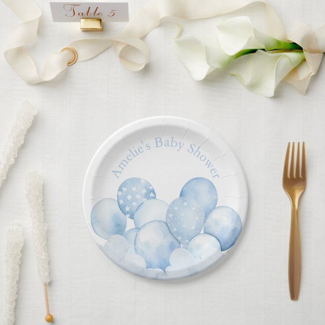 Assiettes En Carton Ballons Bleus doux Baby shower Plaque en papier (Mariage)