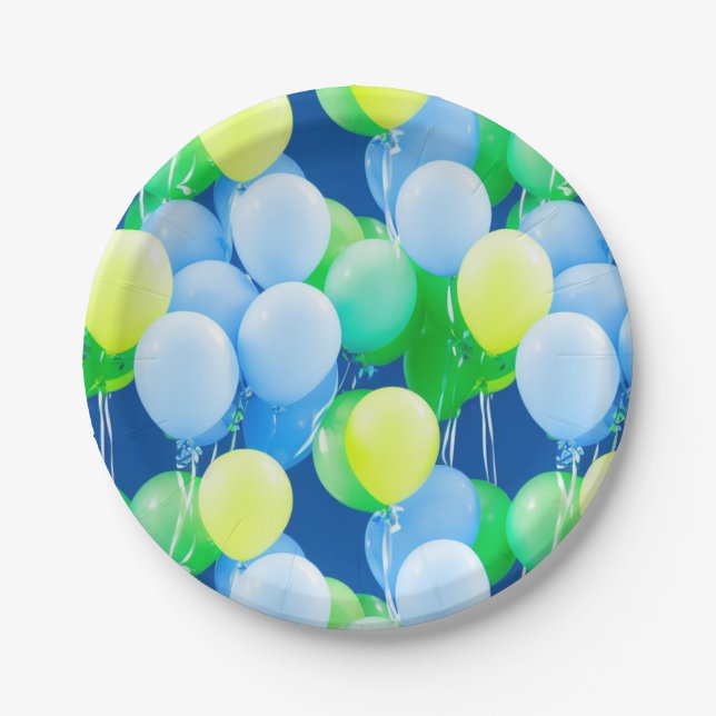 Assiettes En Carton Ballons bleus, jaunes et verts - Plaques en papier (Devant)