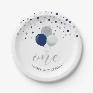 Assiettes En Carton Ballons Confetti Argent et Bleu 1er anniversaire