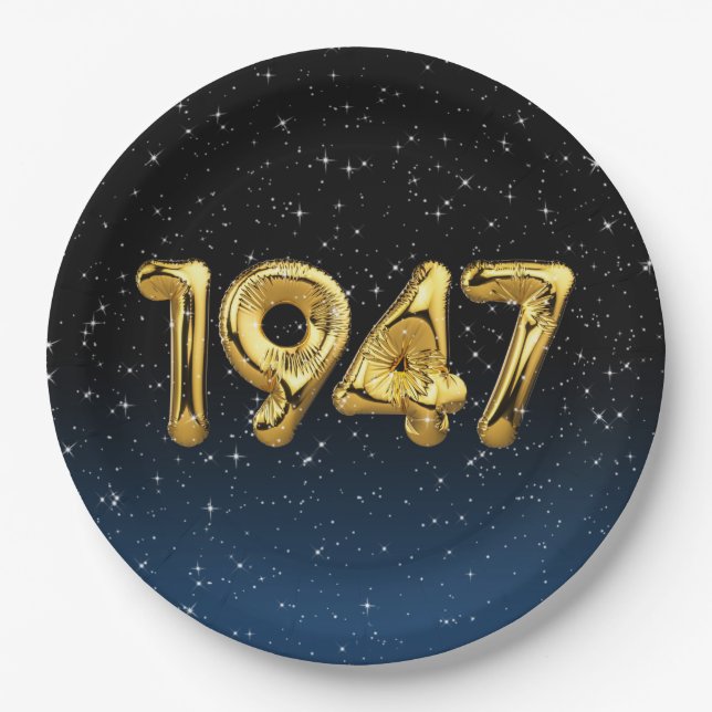 Assiettes En Carton Ballons D'Anniversaire 1947 En Étoiles (Devant)