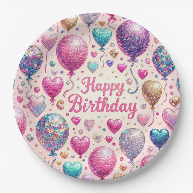 Assiettes En Carton Ballons de Glitterie Anniversaire (Devant)