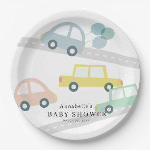 Assiettes En Carton Ballons de voiture bleu Baby shower de garçon blan