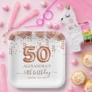 Assiettes En Carton Ballons d'or rose 50e fête d'anniversaire