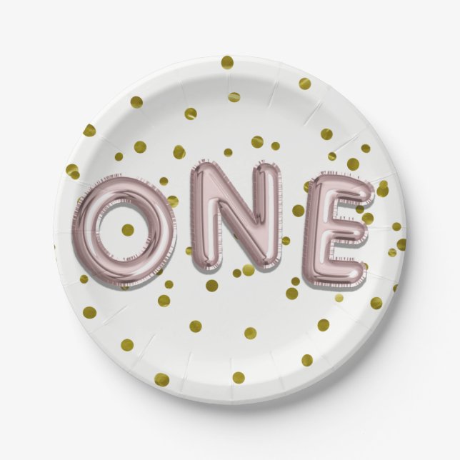 Assiettes En Carton Ballons d'or rose Confetti 1er anniversaire (Devant)
