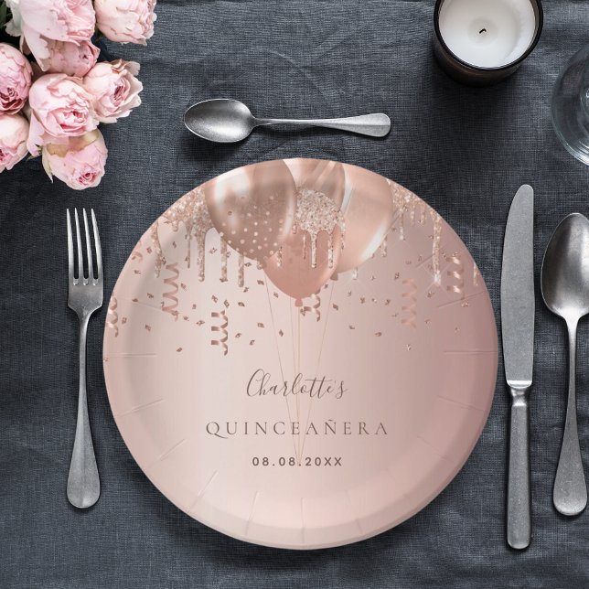 Assiettes En Carton Ballons d'or rose de Quinceanera (Créateur téléchargé)