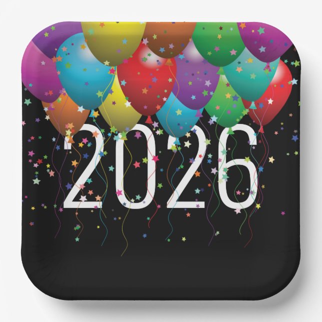 Assiettes En Carton Ballons du nouvel an 2026 (Recto)