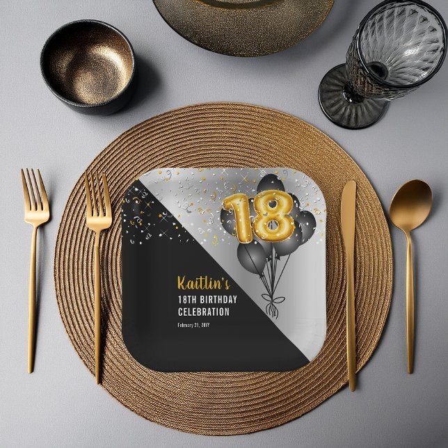 Assiettes En Carton Ballons élégants Noir | Gold 18th Birthday Party (Elegant Black Balloons and Gold Tone Balloon Numbers 18th Birthday Party Paper Plates)