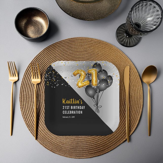 Assiettes En Carton Ballons élégants Noir | Gold 21st Birthday Party (Elegant Black Balloons and Gold Tone Balloon Numbers 21st Birthday Party Paper Plates)