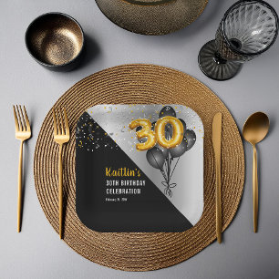 Assiettes En Carton Ballons élégants Noir   Gold 30th Birthday Party