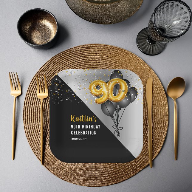 Assiettes En Carton Ballons élégants Noir | Gold 90th Birthday Party (Elegant Black Balloons and Gold Tone Balloon Numbers 90th Birthday Party Paper Plates)