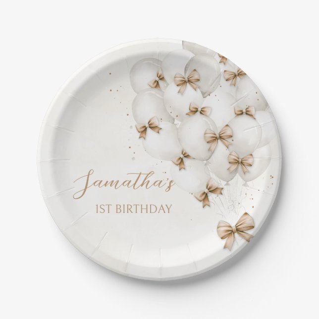 Assiettes En Carton Ballons en Bow beige Plaques en papier d'anniversa (Devant)