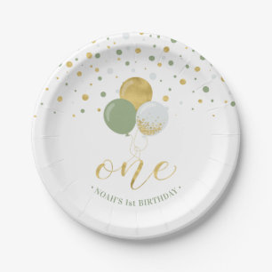 Assiettes En Carton Ballons en Confettis Gold & Sage pour Anniversaire