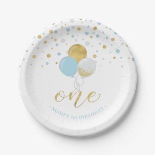 Assiettes En Carton Ballons en Confettis Or et Bleu Fête d'anniversair