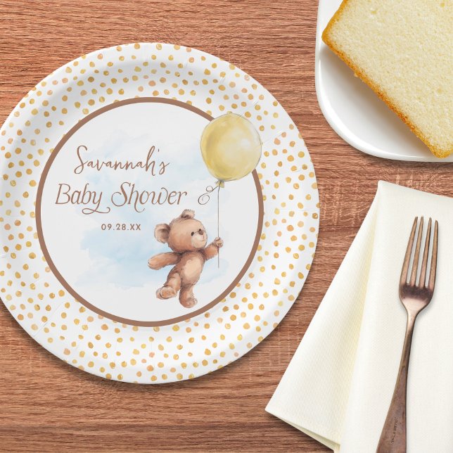 Assiettes En Carton Ballons jaunes Teddy Bear Baby shower Plaque en pa (Créateur téléchargé)