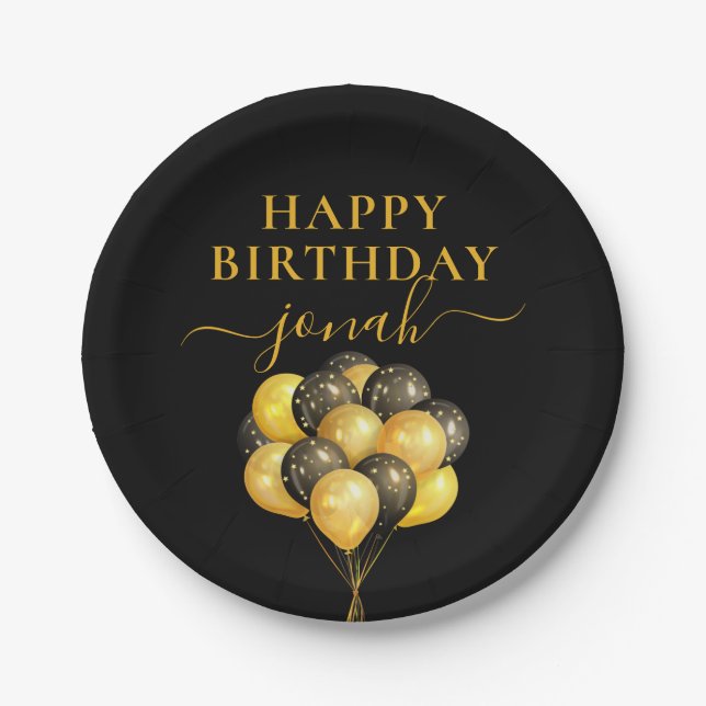 Assiettes En Carton Ballons Noir Or Personnalisé Joyeux anniversaire (Devant)